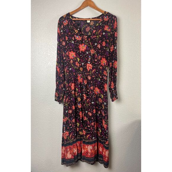 Old Navy Women's Size M Black Red Midi Fit & Flare Dress Floral Smocked-Waist - Picture 1 of 10
